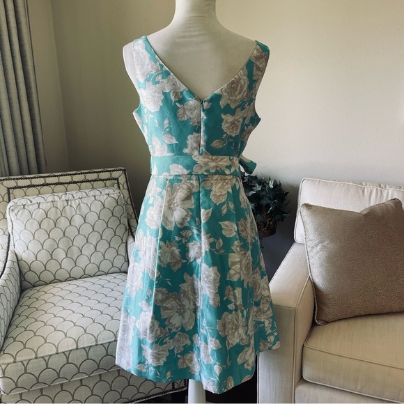 Jessica Howard Turquoise White Taupe Belted Fit And Flare Swing Dress - Picture 9 of 16